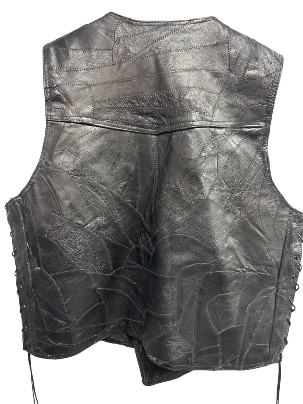 Diamond Plate Buffalo Leather Vest With Side Laces & Snap Buttons - Picture 4 of 8